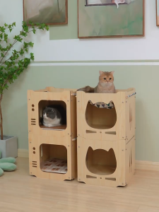 Lovinland Pet Cat Beds Cattery Wooden Cat House Cat Villa Wooden Bungalow All Season Building Block Combination Supplies Rabbit Bed