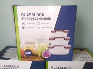 Set 3 mangkok kaca bulat tutup / 3in1 round glass lock storage containers / Ice / kaca