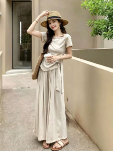 Waist-defining Tied Short Sleeve Tee Wide Leg Pants Suit