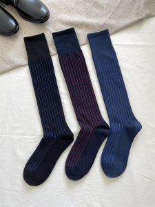 Export German Mens Knee Socks Vertical Stripes Turn Color Pure Cotton Sweat-Absorbent Seamless Socks Black Stockings Business Socks
