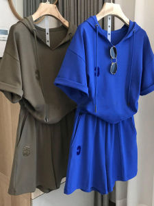 plus Size Casual Sportswear Set for Women Summer Loose Cover up Short Sleeve Shorts 2 Piece Set Cotton Material Hooded