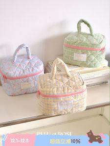 Bleu Et Rose Large Ear Makeup Bag 3D Capacity Handheld Storage Bag Floral Pattern Cotton Linen Material Storage Organizer