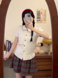 Áo Sơ Mi Nữ Tay Ngắn Cổ Búp Bê Màu Tương Phản Xếp Ly Ngắn Mùa Hè Thiết Kế Ngọt Ngào Ôm Vừa Vặn Thon Gọn Áo Ngắn