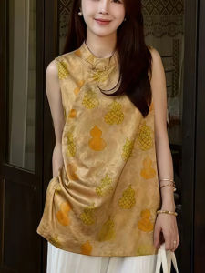 New Chinese Style Sleeveless Acetate Vest Shirt Womens Fashion Summer High-End Feelings Top Trendy Mid-Length Plant Floral