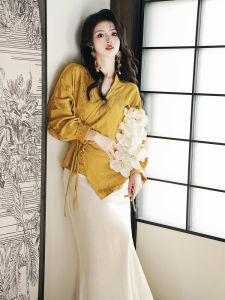 Retro Chinese Element Shirt with Belt Tie Collar Satin Half Skirt Set for Women Summer Fashionable Ensemble Long Sleeve