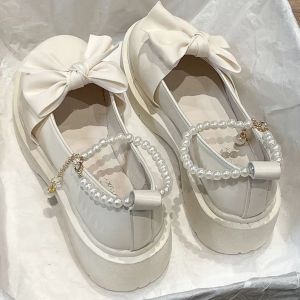 Plus Size Womens Shoes Fat Feet 41-44lolita White Leather Shoes Womens Thick Sole JK Shoes 42 Bows Pearl Shoes