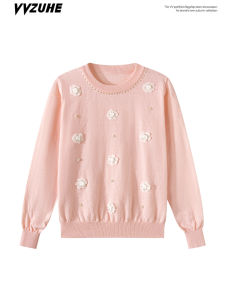 Sweet Pink Pearl Floral Decoration Knitted Long Sleeve round Neck T-Shirt Womens Slim Fit Design Autumn Top Korean Style Commute Fashion