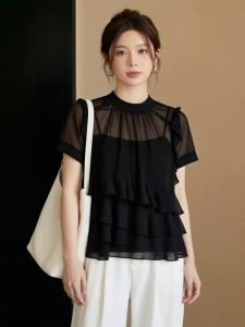 AIYITI | Lightweight Black Sheer Short Sleeve Blouse for Plus Size