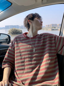 Summer New American Retro Striped T-Shirt Mens Short Sleeve Loose round Neck Casual Versatile Top Trendy Fashion Streetwear