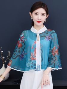 Summer Fashionable Chinese Style Shawl Womens Chiffon Burnout Versatile Outerwear with Strap Dresses Sunscreen Cardigan Poncho