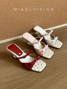 Miaolu Sweet Style Floral Embellished Slip-On Casual Sandals Womens Summer New Butterfly Knot Flat Heel Low Cut PU Leather