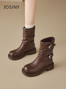 Josiny | Leather Buckle Retro Brown Mid Calf Chunky Heel Boots