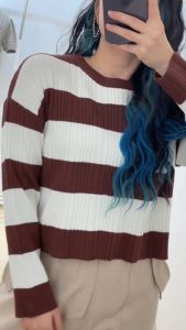 6107 Zola Two Tone Stripe Long Sleeves Knit Sweater Atasan Wanita Rajut