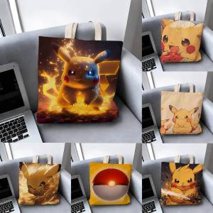 Bandai | Pokemon Electric Type Collection Storage Bags Tote Bag Travel Summer Beach Shoulder Bag Reusable Grocery Shopping Bag Anime