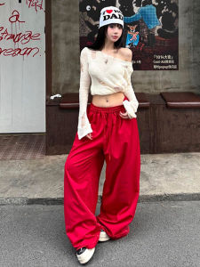 กางเกงขายาวทรงหลวมสไตล์สตรีทสไตล์อเมริกันสำหรับผู้หญิง กางเกงขายาวทรงตรงสีแดง กางเกงขายาวทรงหลวมสบายๆ สำหรับฤดูใบไม้ร่วง