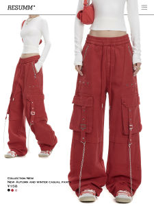 Red Wide Leg Workwear Pants for Women Autumn High Street American Style Jazz Dance Hiphop Straight Casual Trousers