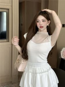 Áo Thun Tay Ngắn Mùa Hè Cho Nữ 2025 Áo Thun Cotton Dệt Kim Dáng Ôm Vừa Vặn Cổ Tròn Tay Ngắn Lưới Xếp Ly