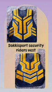 Dakkisport security riders vest navy blue with yellow geometric patterns