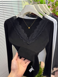 เสื้อเชิ้ตคอวีลูกไม้สีดำ ทรงเข้ารูป แขนยาว ทรงเข้ารูป ฤดูหนาว 2025 แฟชั่น เสื้อเชิ้ตผู้หญิง คอกลม แขนยาว ทรงเข้ารูป