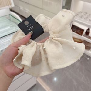 Elegant Pearl Embellished Lace Cotton Linen Hair Tie Beige Fresh Outburst Korean Style Fashionable Hair Accessories