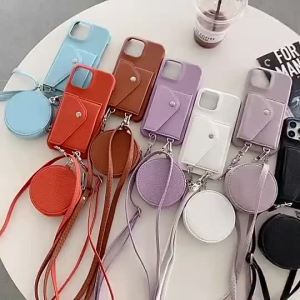 HOCE Wallet Shoulder Strap Makeup Mirror Phone Case For iPhone 16 15 14 13 12 11 Pro Max 12mini 13mini XR XS 8 7 Plus Leather Lanyard Card Pocketbag Cover