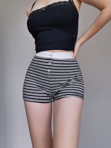 กางเกงขาสั้นผู้หญิงทรงเข้ารูปเอวสูงทรงสลิมฟิตสไตล์เรโทรลายทางถักผ้าฝ้ายผสมสำหรับฤดูใบไม้ผลิและฤดูร้อน