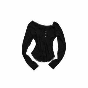 1JINN STUDIO | Henry Neck Oblique Placket Lace Trim Blouse