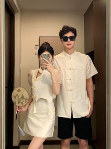 Couples Summer Outfit 2024 Vintage Hanfu Short Sleeve Shirt Womens Half Skirt Set One Skirt One Shirt Cotton Polyester Blend
