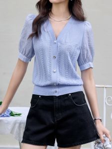 WANGGONGZHU | Ice Silk Short Sleeve T-Shirt Women Summer Thin New Style Elegance V Neck Fashionable Hollow Knitted Open Cardigan Simple Match