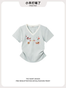 Chic Color Block V-Neck Short Sleeve T-Shirt Womens Summer New Cartoon Embroidery Pleated Waist-Cinching Short Top