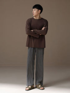 ชุดนอนผู้ชายแขนยาวคอกลมผ้าฝ้ายแท้ 2025 ชุดนอนฤดูใบไม้ผลิและฤดูใบไม้ร่วง ชุดนอนลำลองสำหรับใส่ไปกลางแจ้ง ชุดนอนผู้ชาย