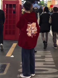 เสื้อสเวตเตอร์ฮู้ดบุขนแกะสีแดงม่วง ทรงหลวม สำหรับเด็กผู้หญิง 13 ปี นักเรียนมัธยมต้นและมัธยมปลาย ฤดูใบไม้ร่วง/ฤดูหนาว เสื้อคลุมกันหนาวแบบสวมหัว