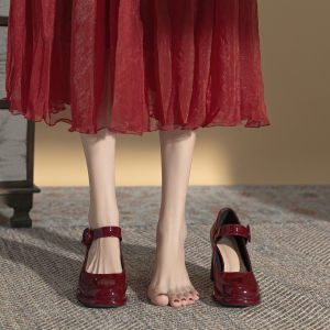 รองเท้าส้นสูงสไตล์จีน ทรงหัวมน ทรงหัวมน ทรงหัวมน สีแดงเข้ม รองเท้าแต่งงาน รองเท้า Mary Janes สำหรับผู้หญิง รองเท้าแฟชั่น