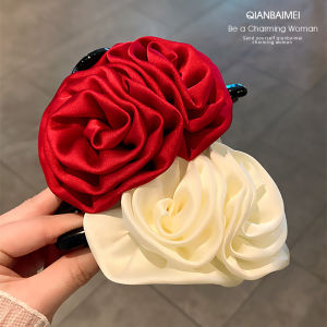 French Vintage Satin Rose Claw Clip Large Size Shark Tail Clip Elegant High-End Feeling Hair Accessories Back of Head