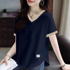 Fashionable Splice Color Block V-Neck Short Sleeve T-Shirt Womens Loose Summer Cotton Top Slimming plus Size Age-Defying