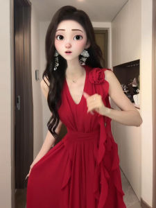 SENWA | French Red V-Neck Waist-Cinching Dress