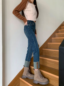 High Waist Straight Leg Denim Jeans Womens Winter New Style Elastic Slim Fit Smoking Pipe Pants Cotton Stretch Denim Fabric