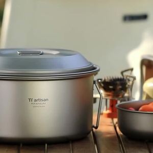 Tiartisan 2.1L/ 2.8L Titanium Camping Soup Pot Set Outdoor Lightweight Steamer with Steam Compartment Multi Functional Cookware