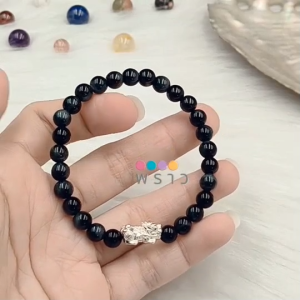 “พราว” สร้อยข้อมือ หินตาเสือสีฟ้า (Blue Tiger Eye) 💙💙 ขนาดหิน 6 มิล + ปี่เซี๊ยะเงินแท้ ขนาดยาว 1.5 ซม. เรียกทรัพย์และเสริมความมั่งคั่ง