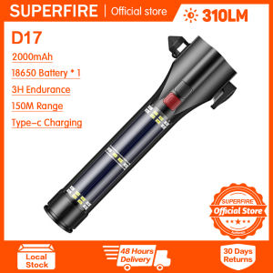 SUPERFIRE D17 Car Safety Hammer LED Flashlight usb Rechargeable Zoom torch Camping Waterproof Emergency Use Adventure Lighting