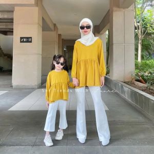 Buna Couple Ibu Dan Anak Blouse Ruffle Bahan Kaos - Long Sleeve Lengan Panjang Cotton Combad