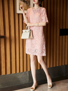 Summer 2023 Korean Style plus Size Lace Hollow out Slimming Straight Dress Womens Fashionable Midi Dress Cotton Nylon