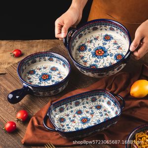 OMK Polish Series Hand-painted Ceramic Rectangular Baking Pan Round Baking Pan with Two Ears Baking Trays & Pans
