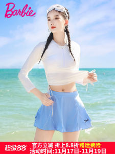 Barbie Long Sleeve Swimsuit Womens Two Piece Skirt Style Fashionable White Slimming Belly Covering Swimwear round Neckline