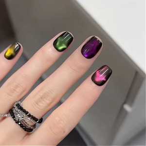 เล็บประดับเพชรเล็ก ตาแมวไล่แสง ชุดเล็บสั้นทำมือ สไตล์เรียบง่าย เล็บประดับเสร็จสมบูรณ์ ชุดเล็บประดับ