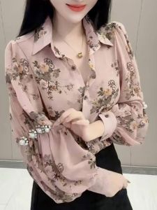 เสื้อเชิ้ตแขนยาวหลวมๆ สำหรับผู้หญิง ดีไซน์กระชับสัดส่วน แขนโคมไฟลายดอกไม้ แฟชั่นฤดูใบไม้ผลิและฤดูใบไม้ร่วง