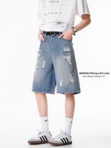 NANSSE | Quần Short Jean Rách Retro Phong Cách Mỹ Ống Rộng Cleanfit
