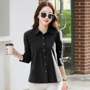 Spring & Fall New Arrival Pure Cotton Shirt Womens Polo Collar Solid Color Long Sleeves T-shirt Fashion All-Match Slimming Cardigan Professional Top Clothes