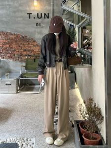 สีกากี ขากว้าง กางเกง สูง เอว หลวม ผู้หญิง ขี้เกียจ กางเกงขายาว สูทยาวพื้น กางเกง สบาย โพลีเอสเตอร์ สไตล์การเดินทาง