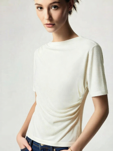 AMII | Commuter Mandarin Collar Asymmetric Pleated Acetate Stretch Short Sleeve Tied Waist Blouse